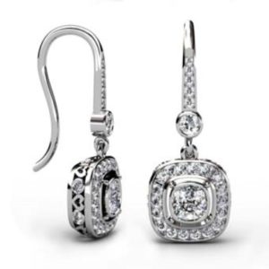 Vintage Style Custom Made Cushion Cut Diamond Halo Drop Earrings with Heart Filigree 1 1 2